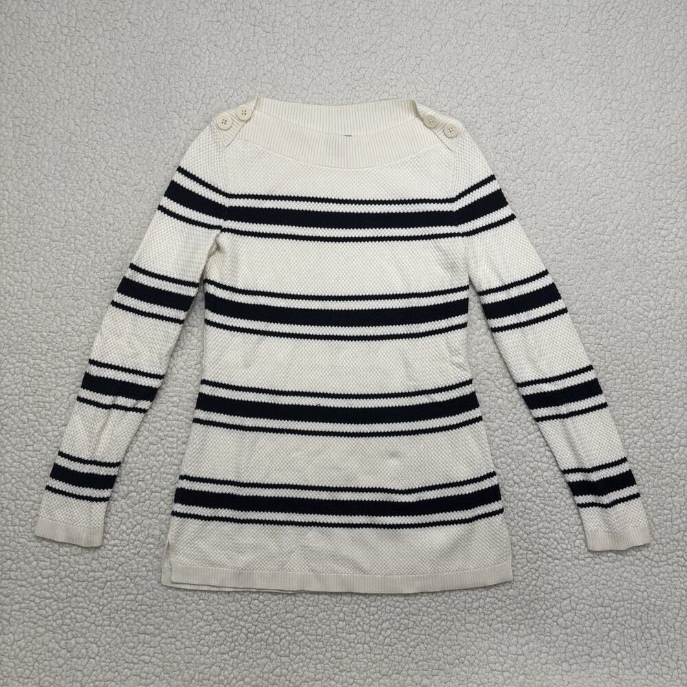 Talbots Womens XS Black White Striped Boat Neck Cotton Blend Sweater Tunic Long